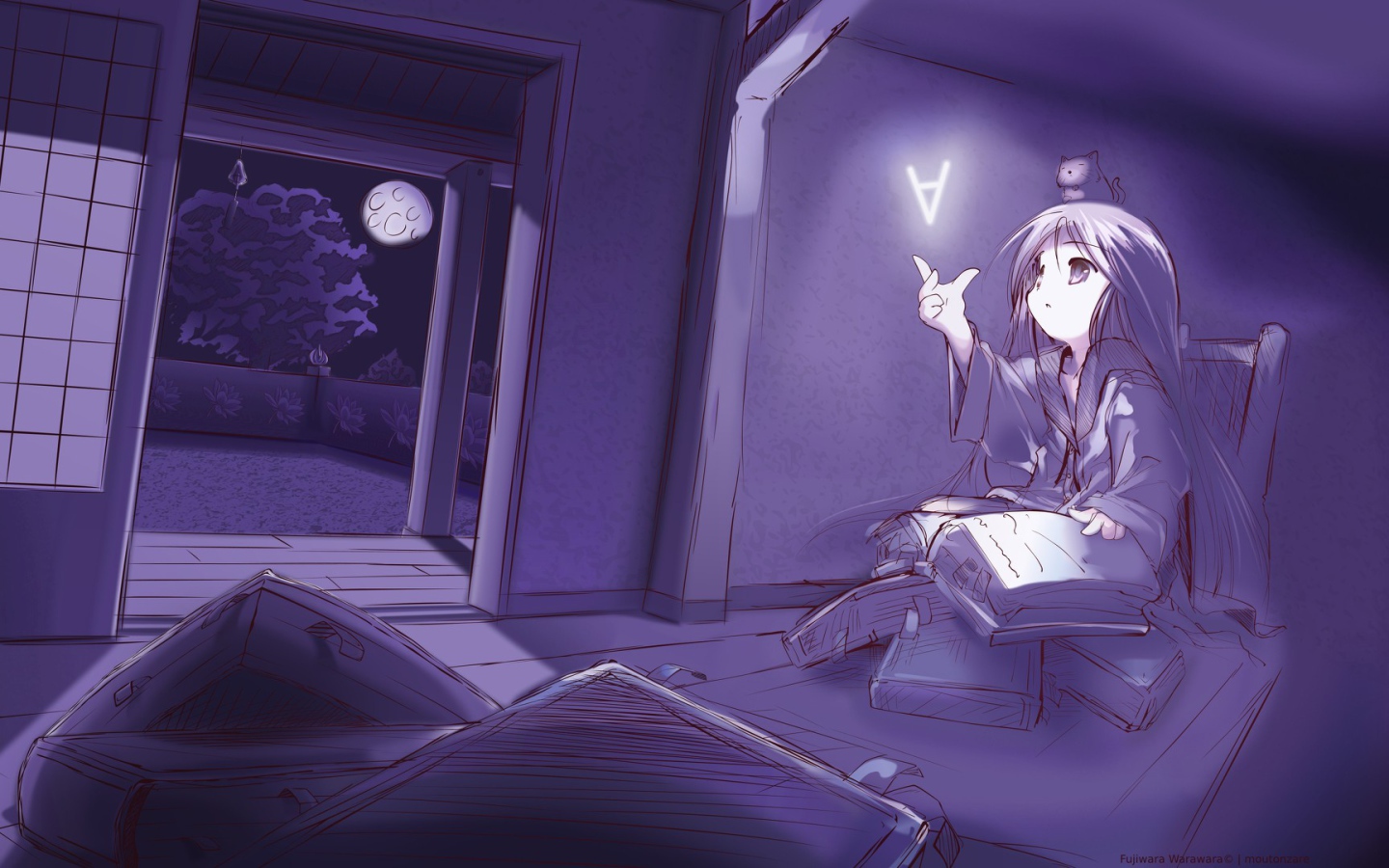 Девочка аниме ловит букву из книги