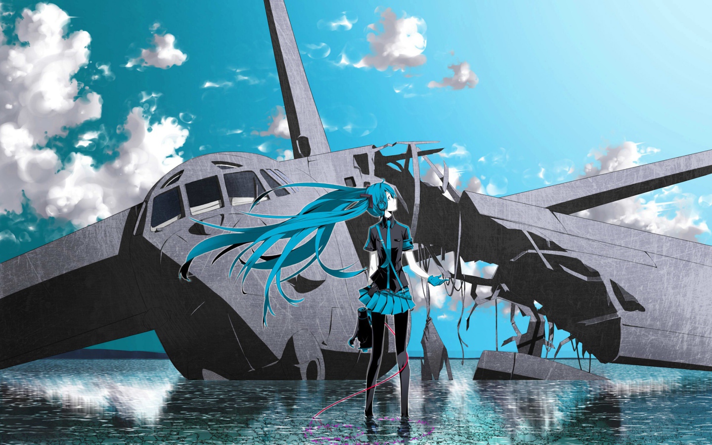 Аниме девушка у рухнувшего самолета