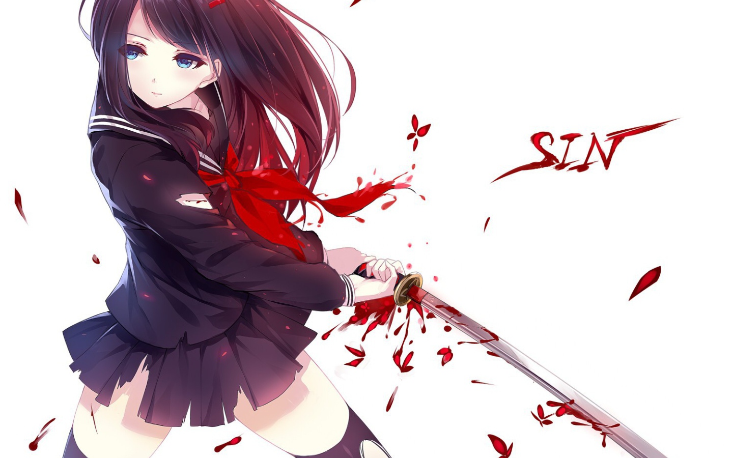 Девушка аниме держит катану с каплями крови