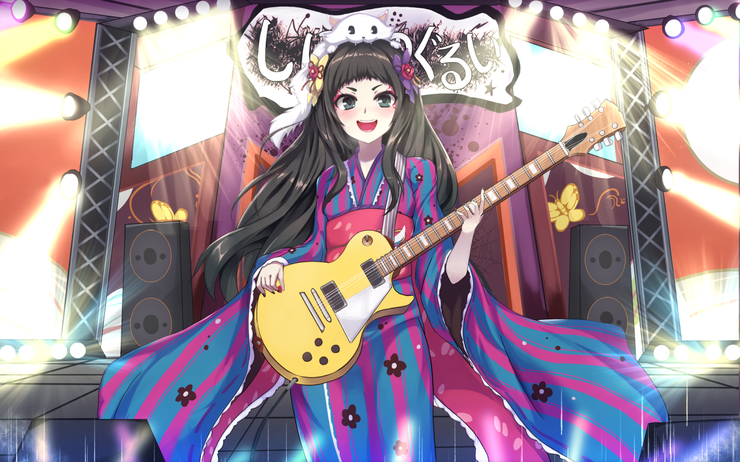Девушка аниме в кимоно с гитарой