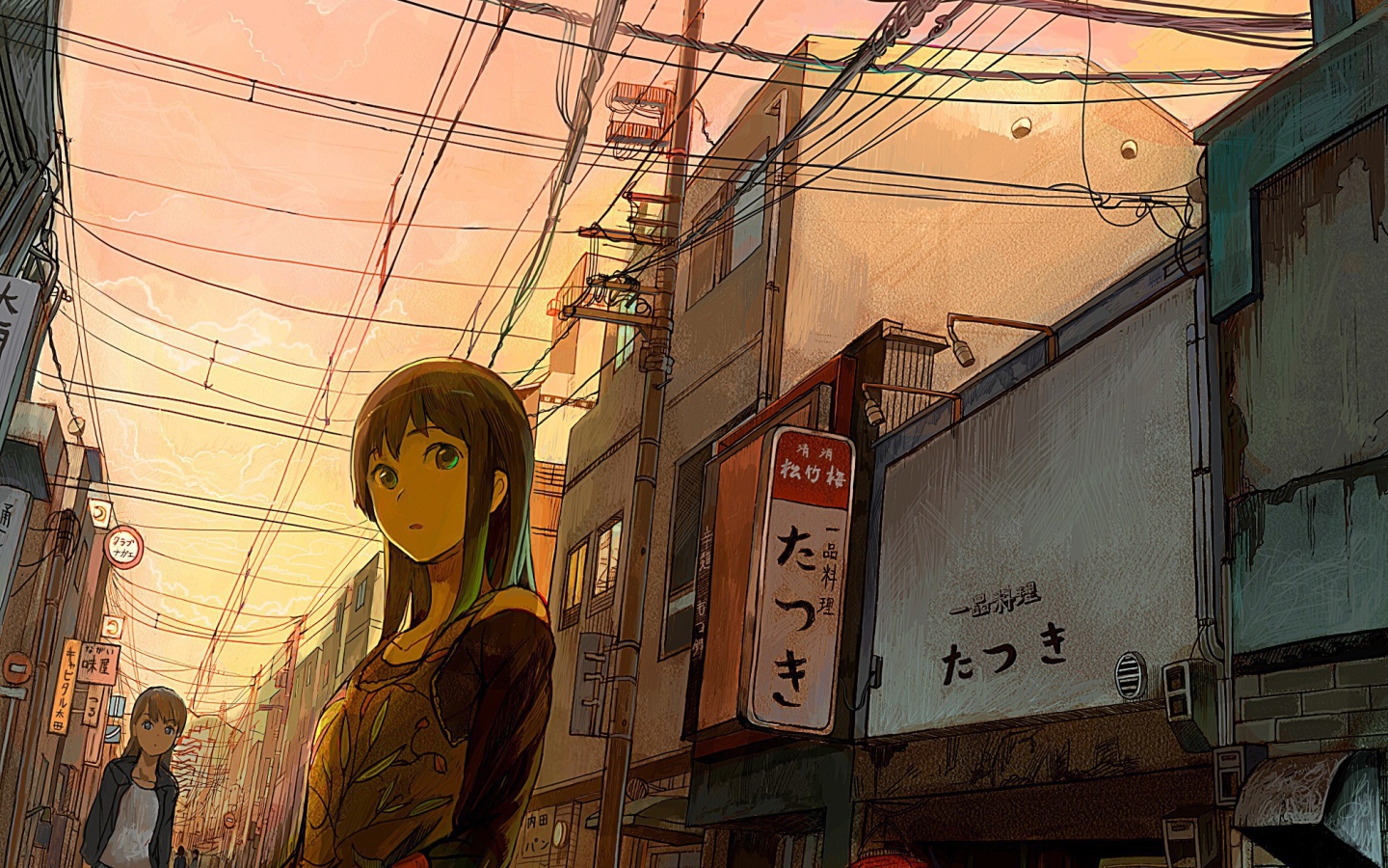 Anime girl walks through the city Desktop wallpapers 1440x900