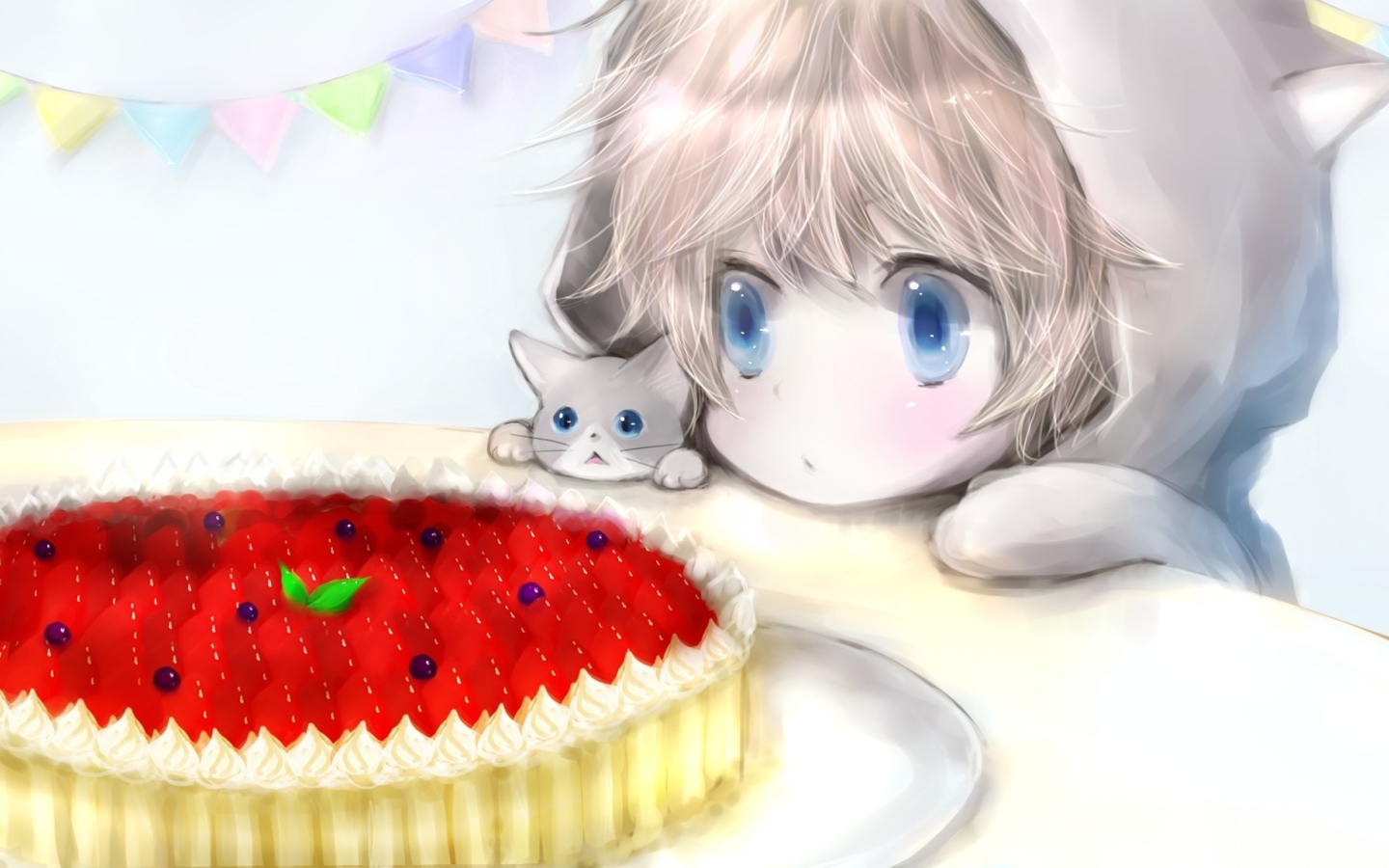 Девочка и кот смотрят на пирог, аниме