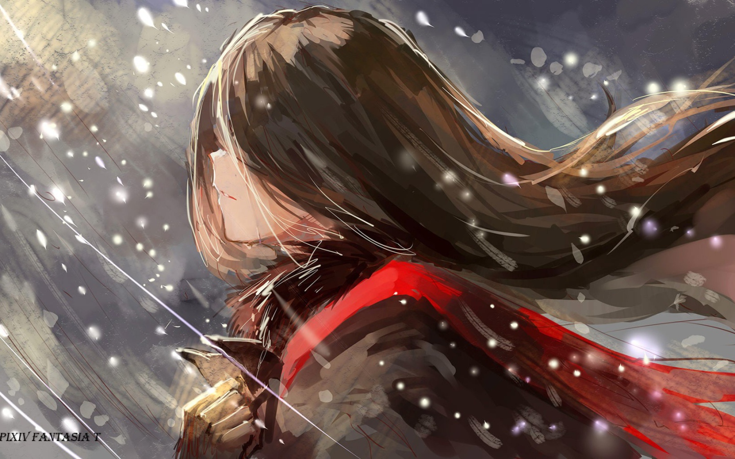 Девушка во время снегопада аниме Pixiv Fantasia