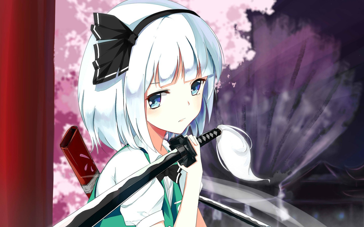 Грустная аниме девушка Konpaku Youmu с мечом на плече