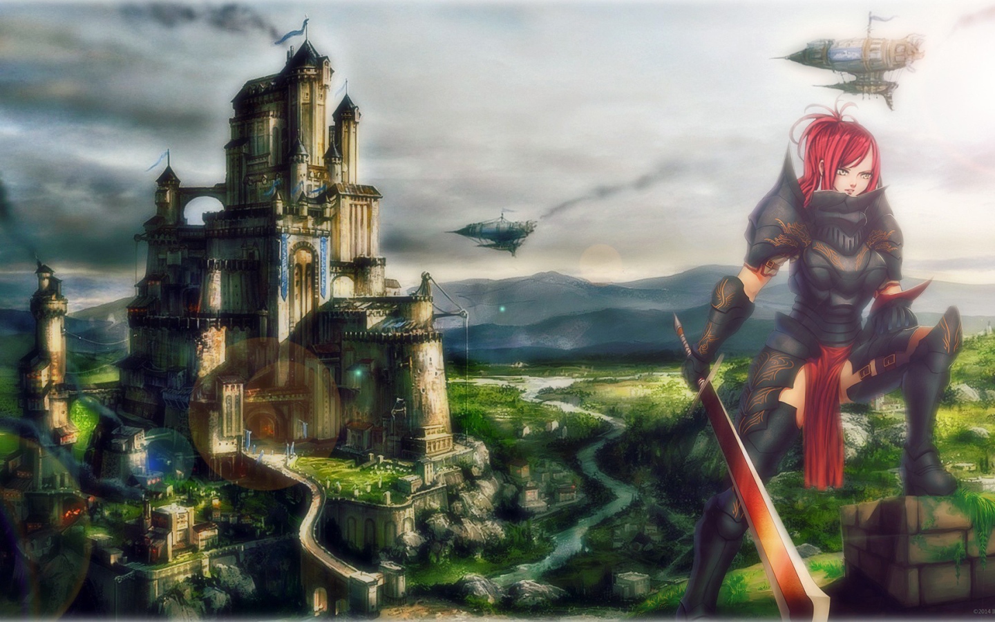 Девушка на фоне замка в аниме Сказка о хвосте феи