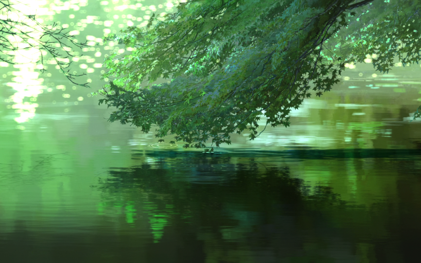 Дерево над водой в аниме Сад изящных слов