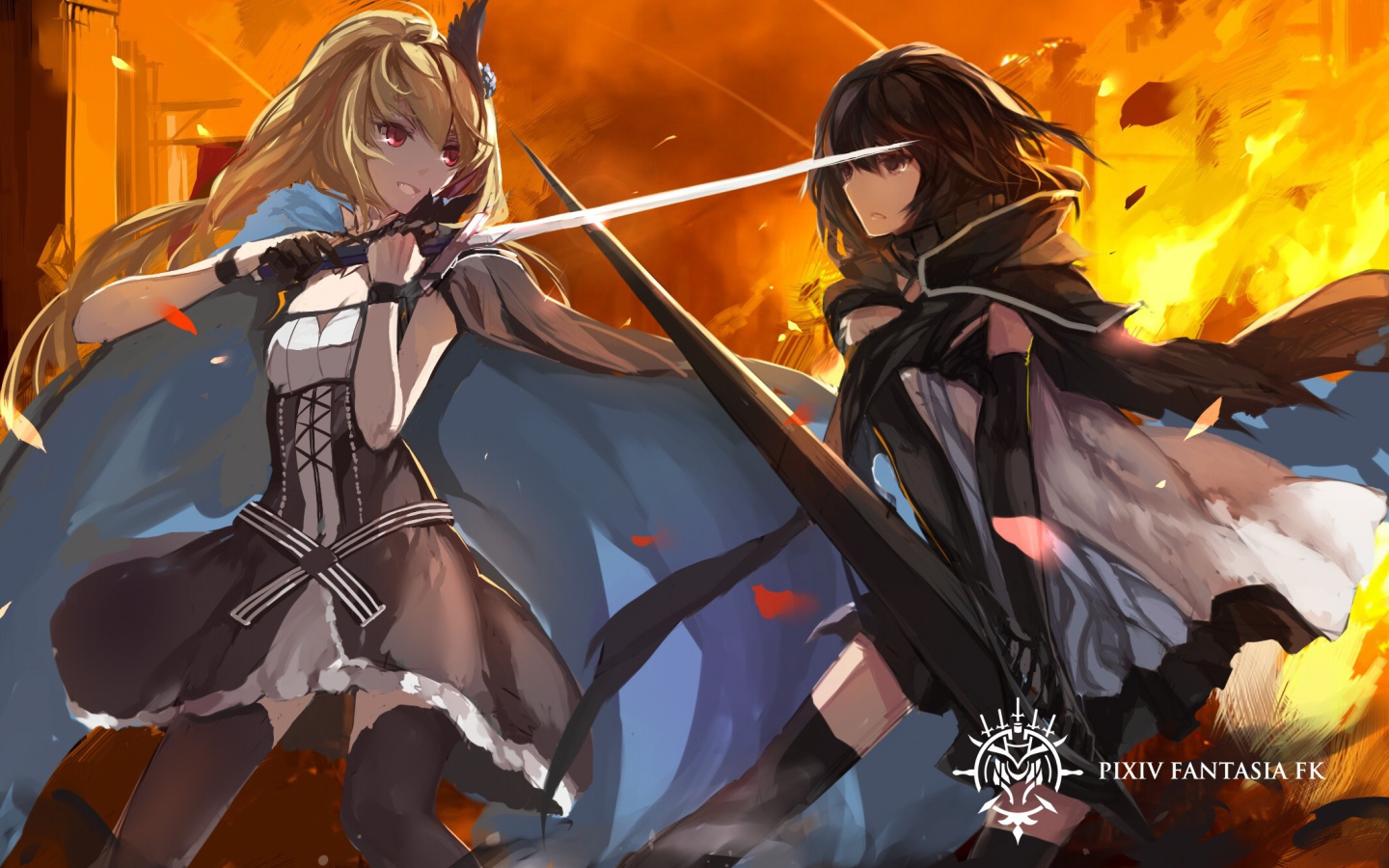 Две девушки на фоне огня, аниме Pixiv Fantasia