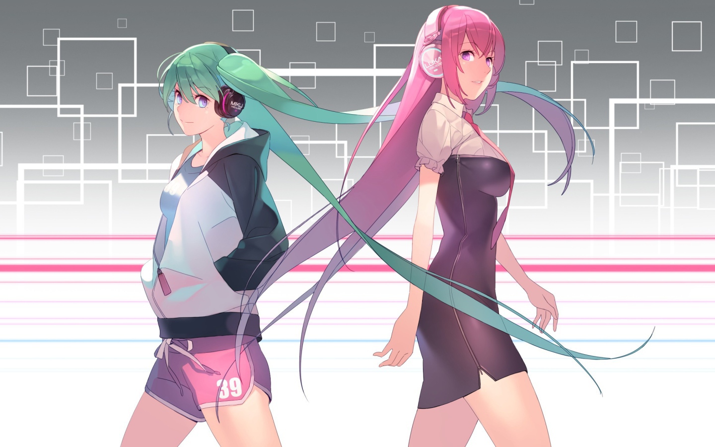Вокалоиды с зелеными и розовыми волосами, аниме