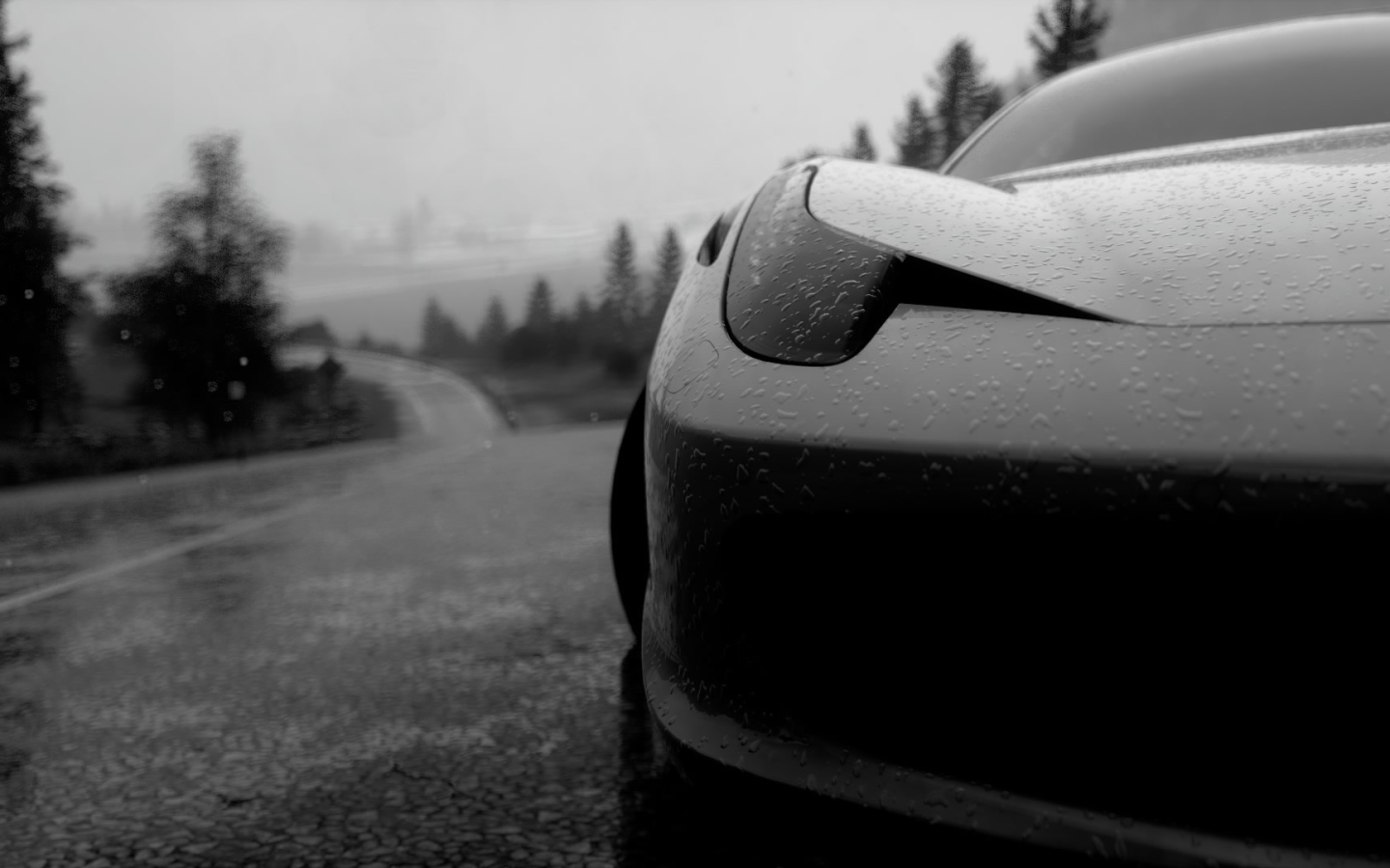 Черно белое фото авто под дождем