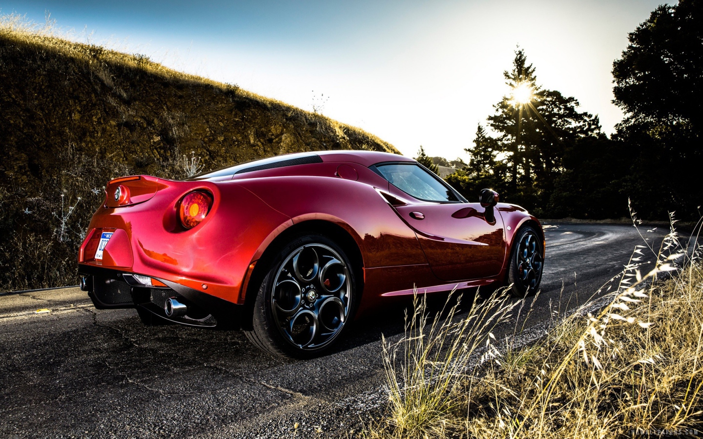 Красная Alfa Romeo 4C на повороте дороги