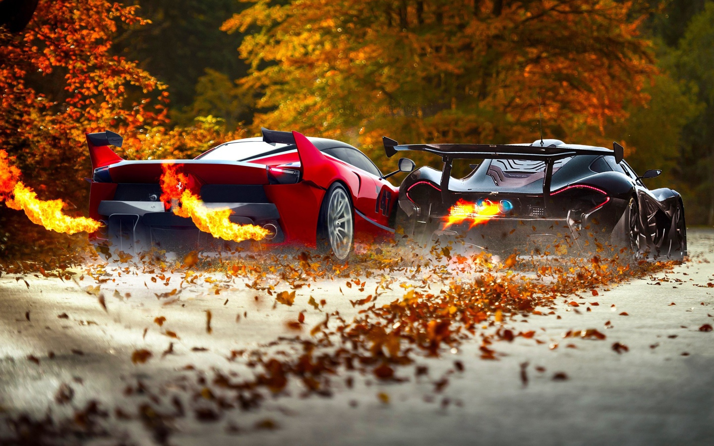 Гонка на осенней аллее Ferrari FXXK и McLaren P1