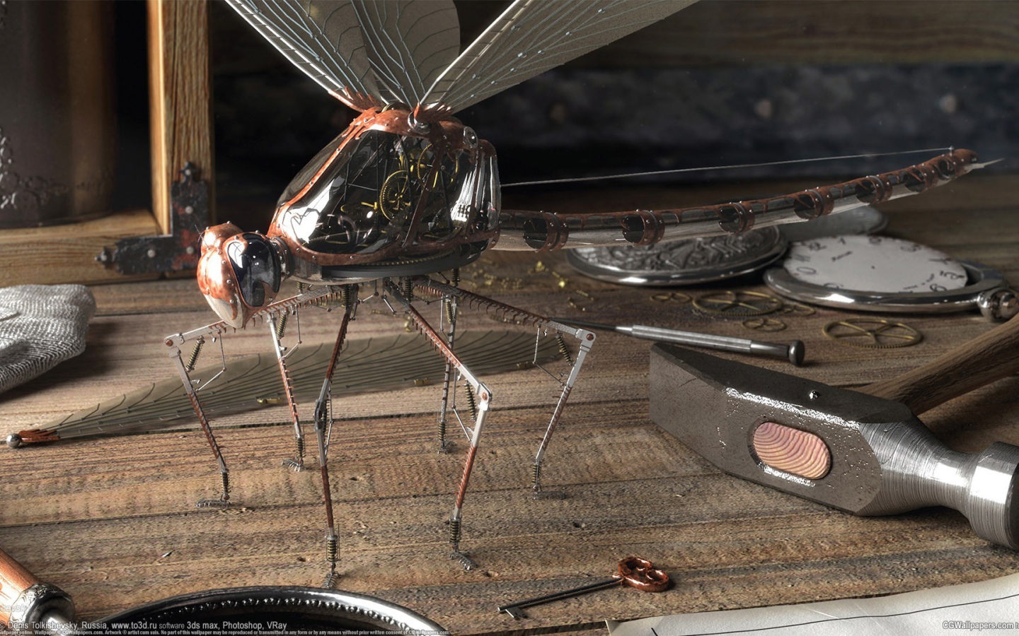 Механическая стрекоза в мастерской