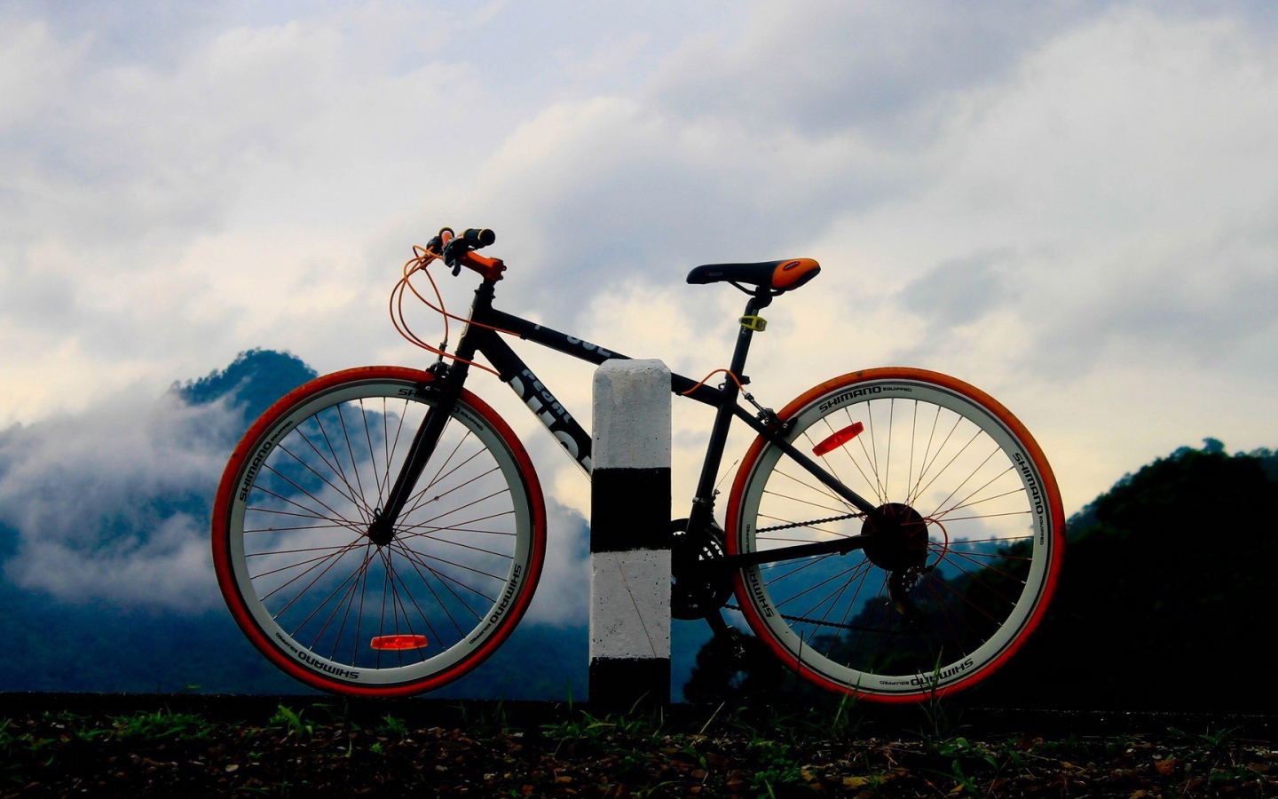 Спортивный велосипед у дорожного столбика