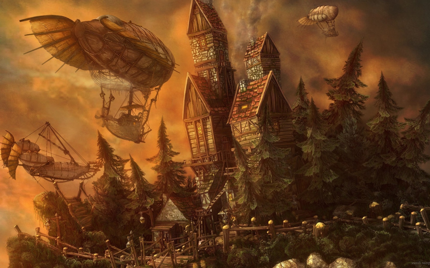 Дирижабли у замка в мире фэнтези