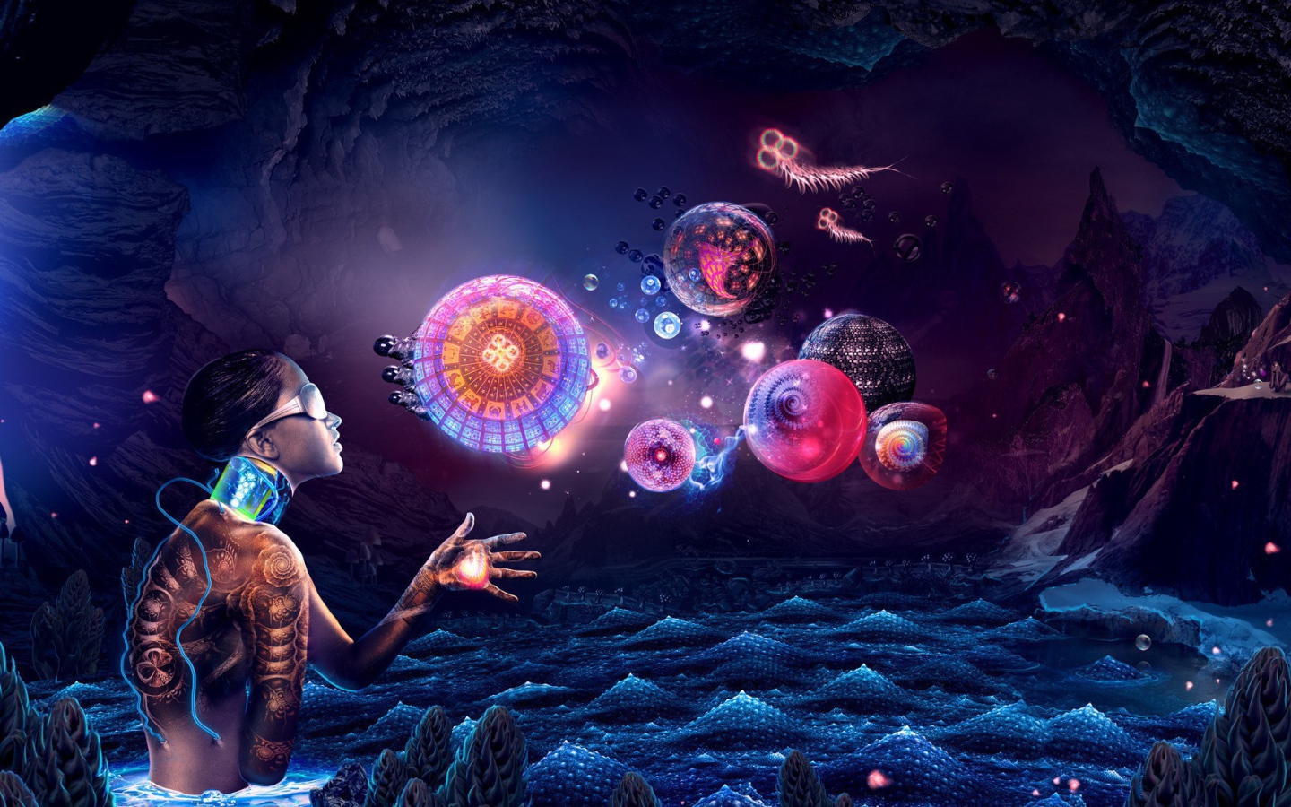 Андроид смотрит на абстрактные сферы