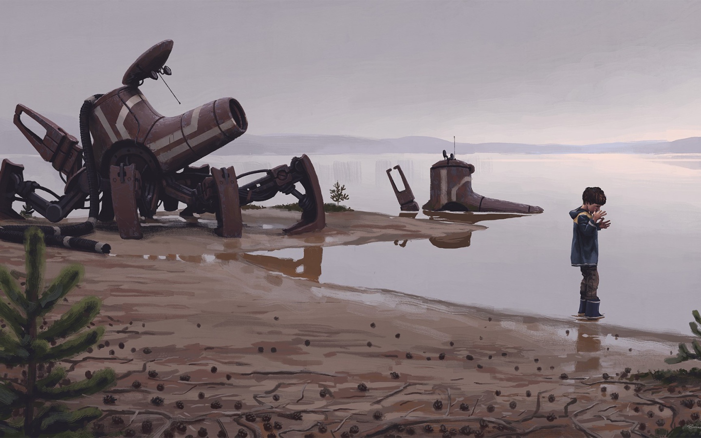 Мальчик возле обломков робота на берегу