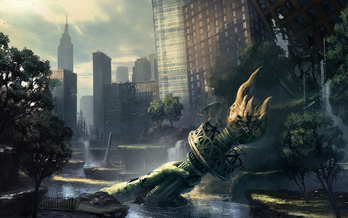 Рука с факелом от статуи Свободы в руинах Нью-Йорка