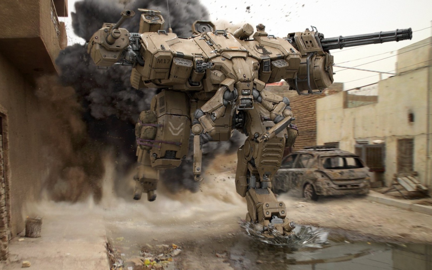 Тяжелый боевой робот бежит по улице