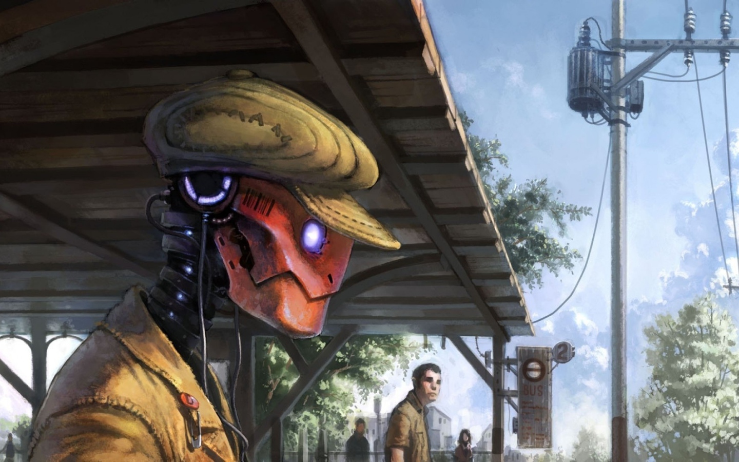 Робот в кепке ждет поезда на платформе