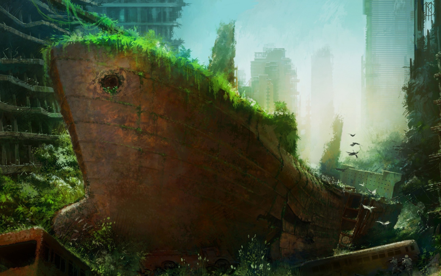 Ржавый корабль среди руин небоскребов