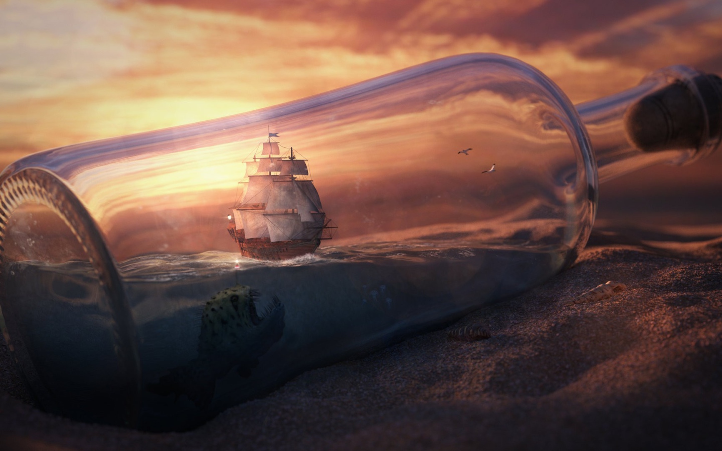 Морское чудовище и корабль в бутылке