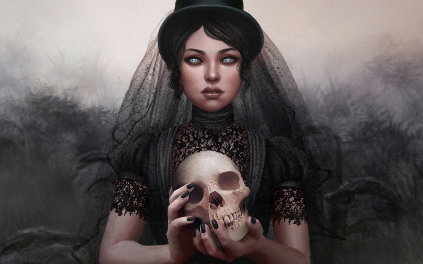 Девушка в трауре с черепом в руках