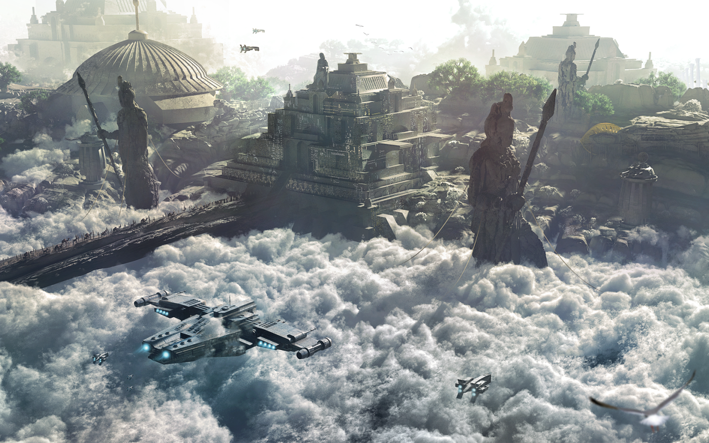 Космический корабль перед храмом развитой цивилизации