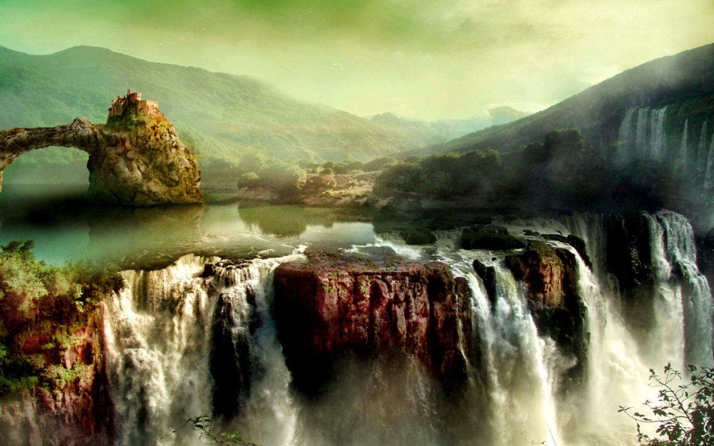 Замок на скале над водопадом