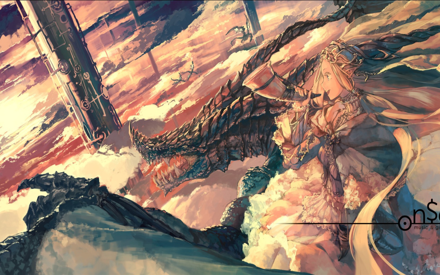 Девушка управляет драконом с помощью рога