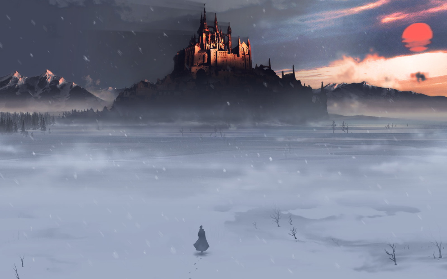 Человек идет по пустыне к городу