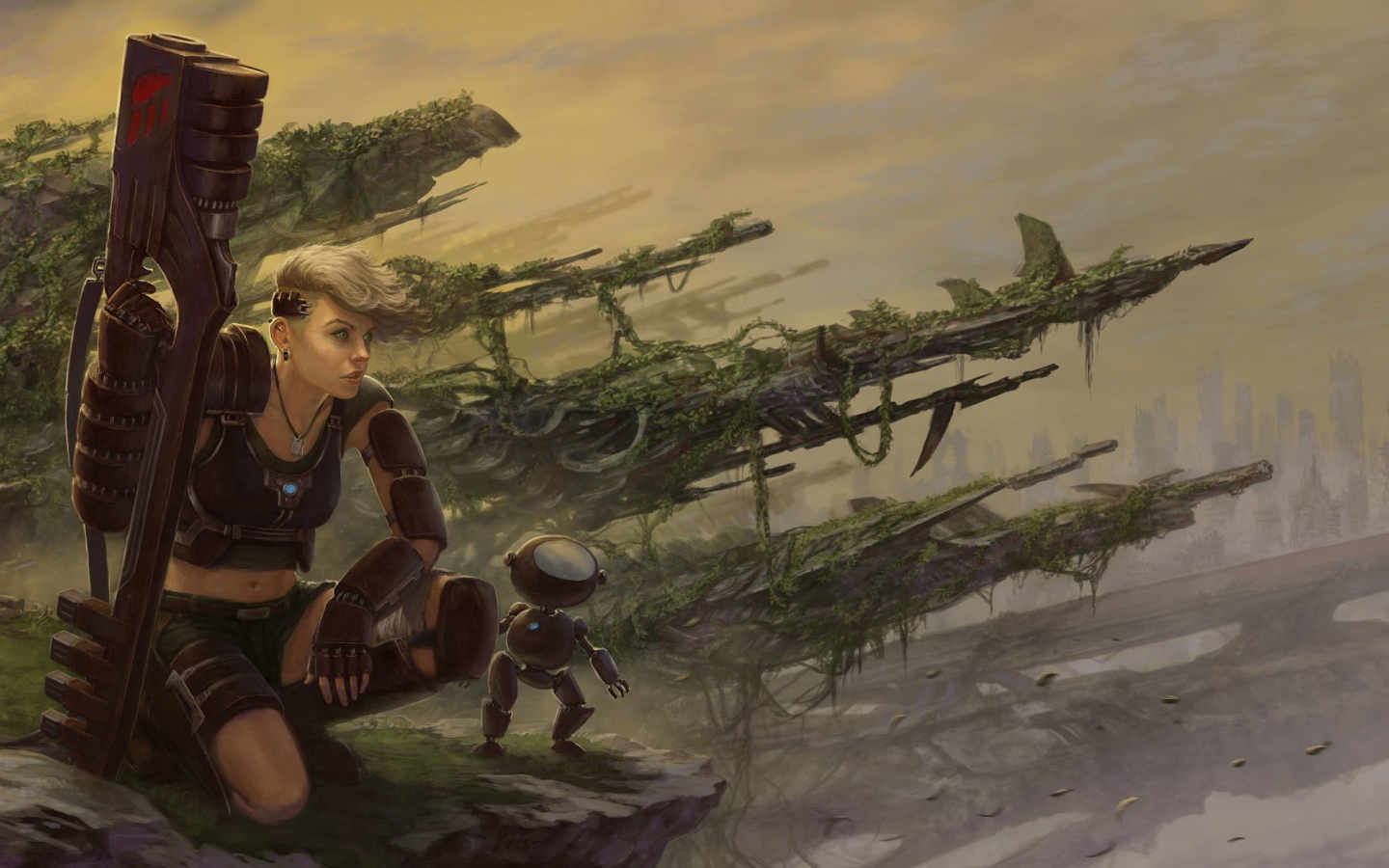 Девушка солдат с роботом помощником