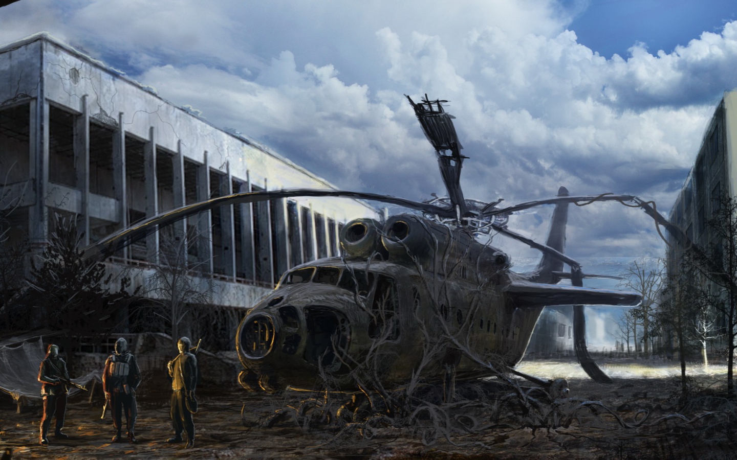 Разбитый вертолет зарос, постапокалипсис