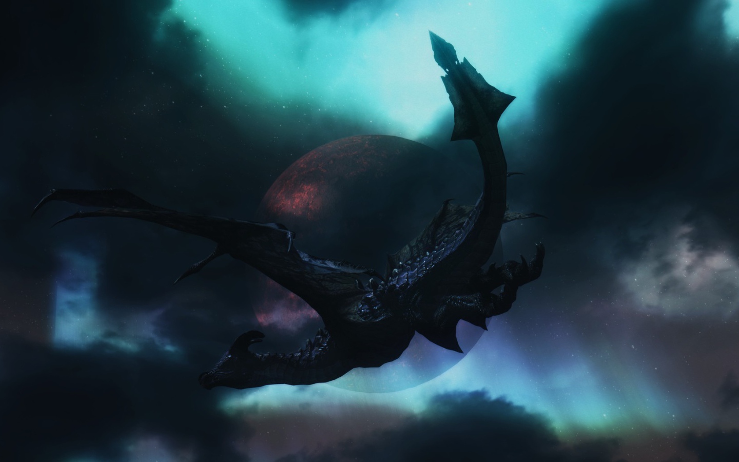 Черный дракон на фоне планеты в игре The Elder Scrolls V Skyrim