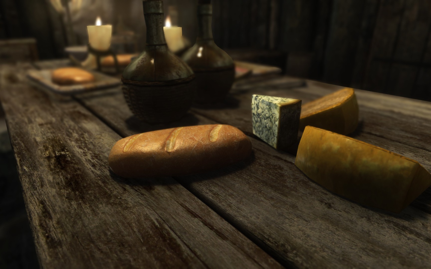 Хлеб и куски сыра на столе в игре