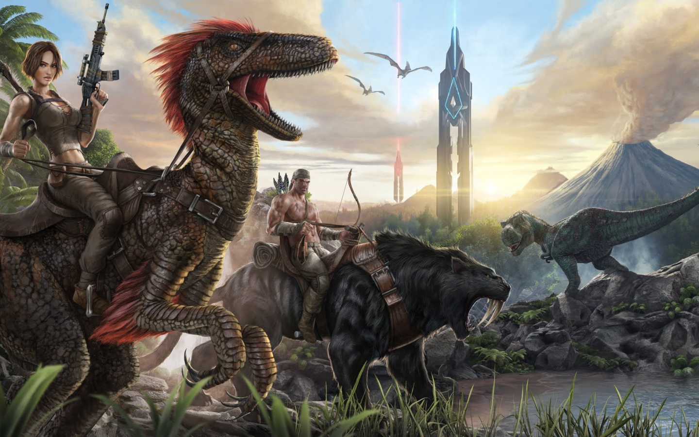 Персонажи игры Ark Survival Evolved верхом на древних животных