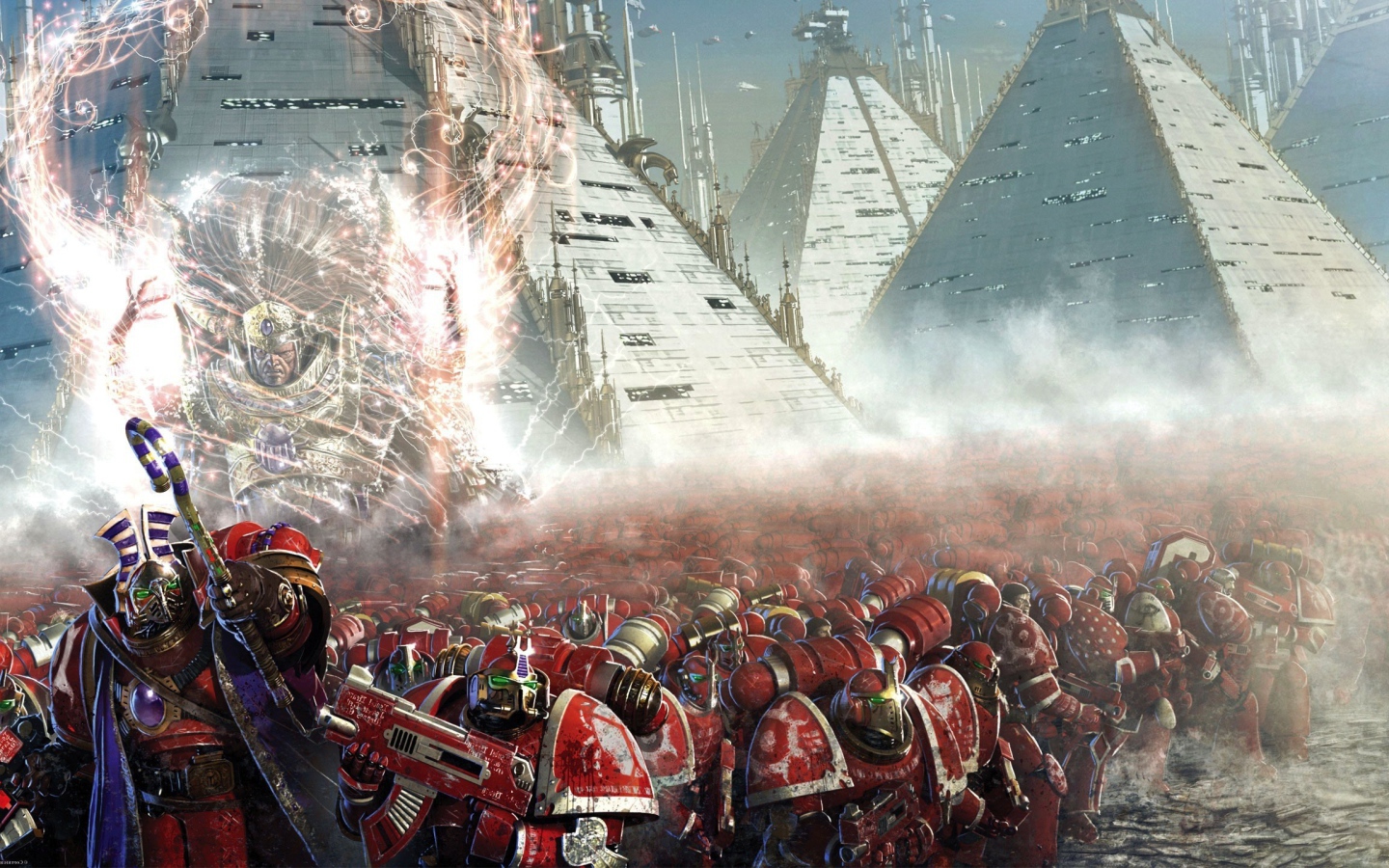 Солдаты на фоне пирамид в игре Warhammer 40000