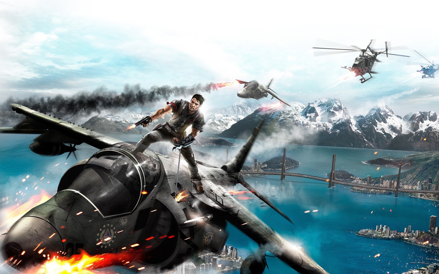 Герой игры Just Cause 2 на крыше истребителя