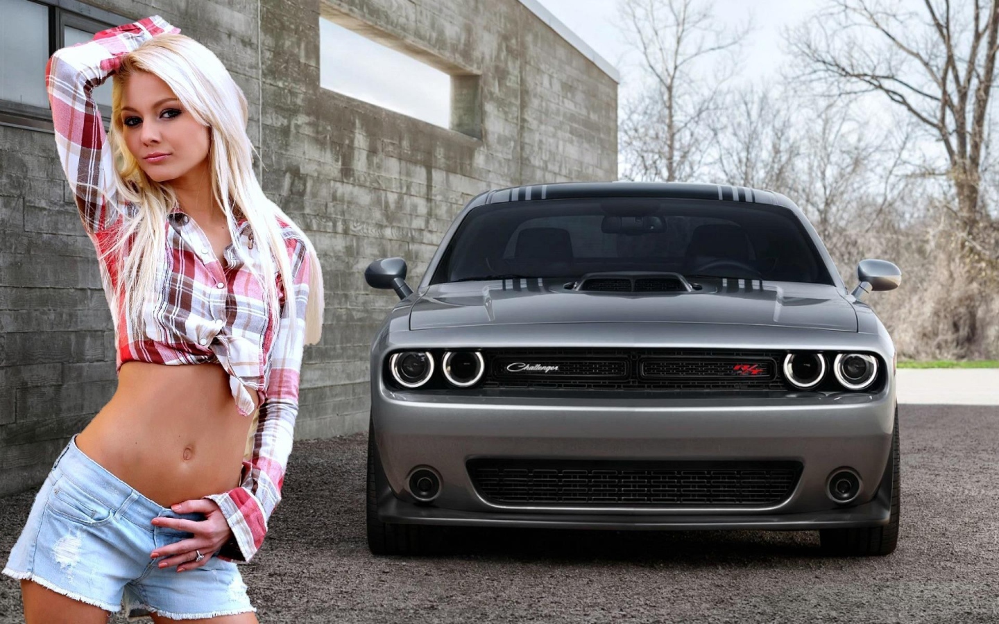 Блондинка на фоне серого Dodge Challenger