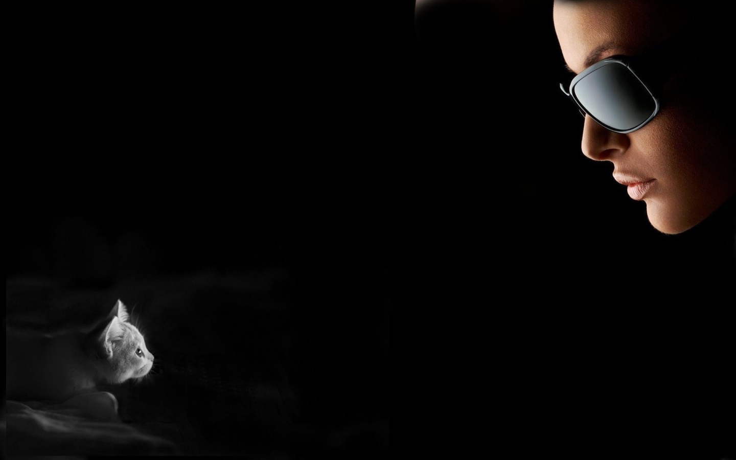 Девушка смотрит на котенка, черный фон