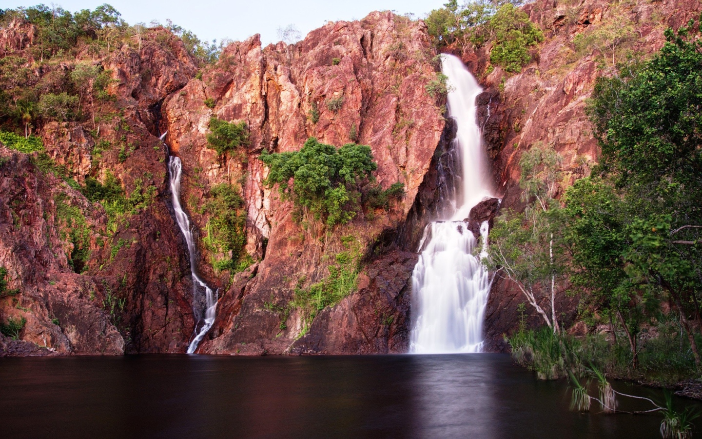 Зелень на розовых скалах с водопадом