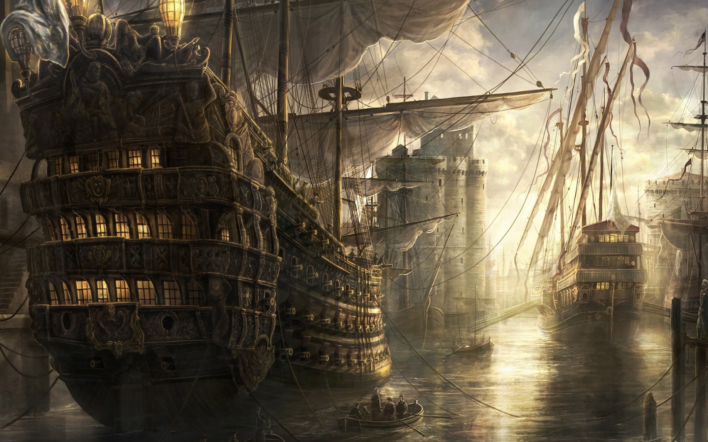 Старинные парусные корабли в порту