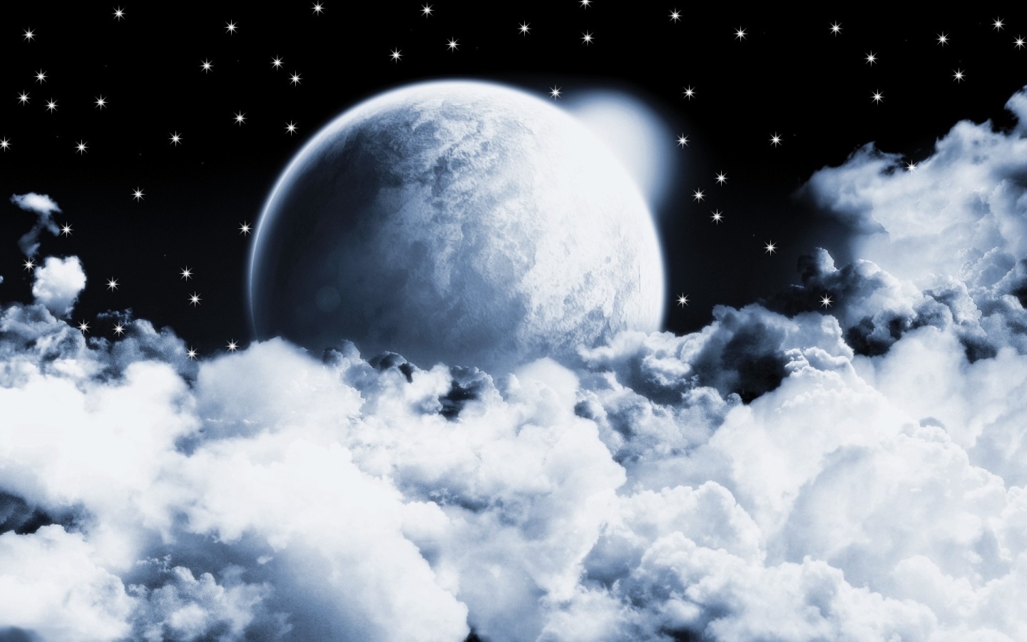 Серая планета в облаках на фоне звезд