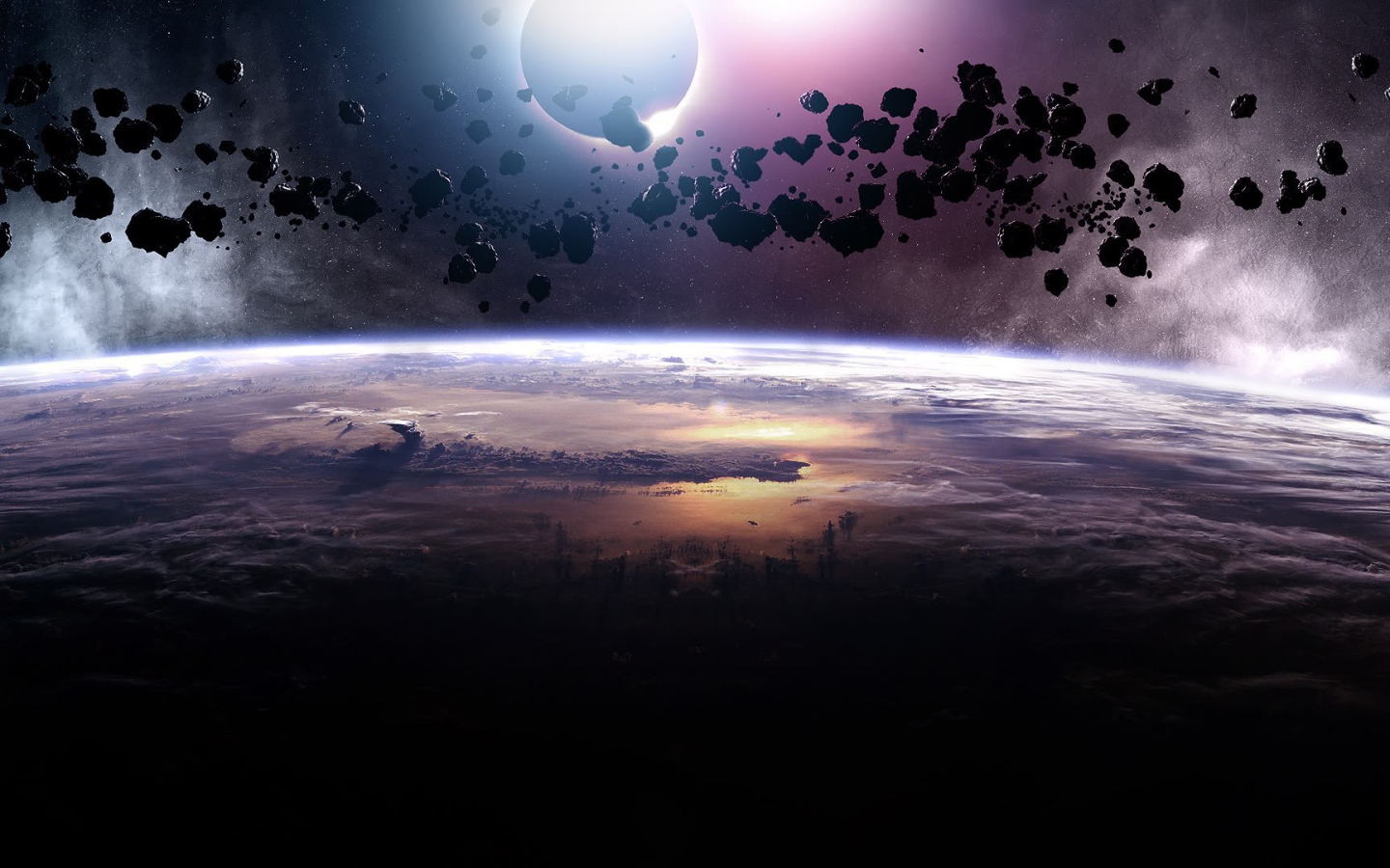 Группа астероидов над планетой