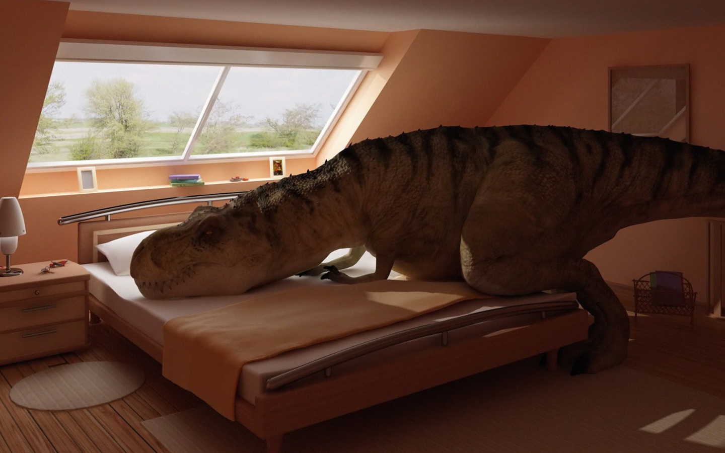 Динозавр прилег на кровать