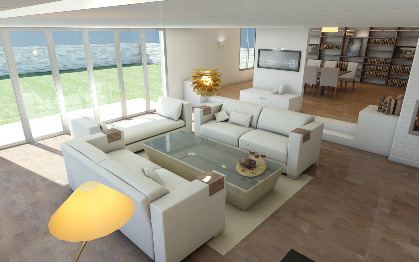 Белые кожаные диваны в светлой гостиной