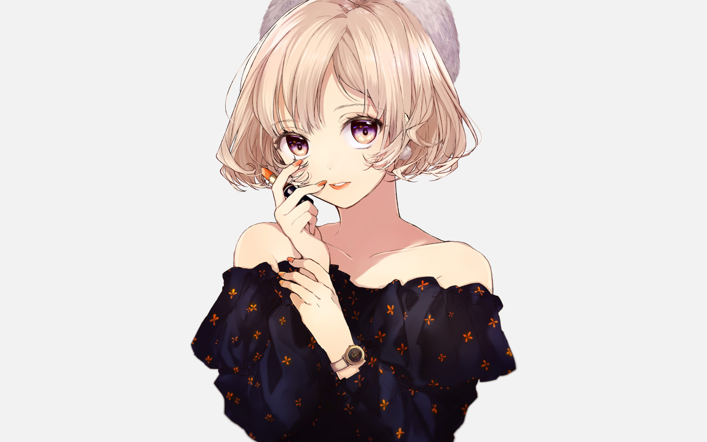 Девушка аниме блондинка с помадой в руках на белом фоне