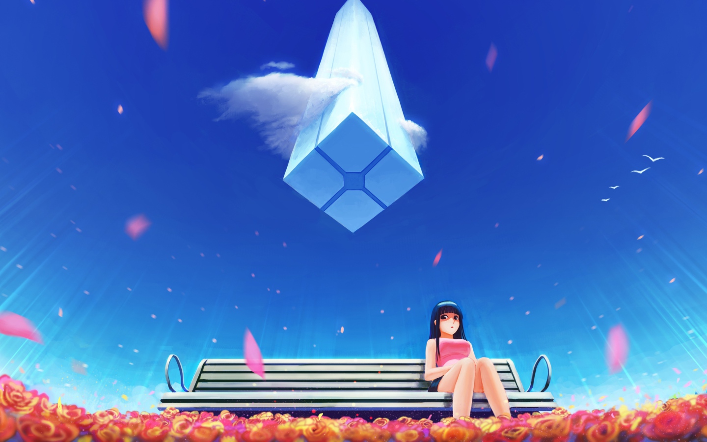 Девушка аниме на фоне голубого неба  