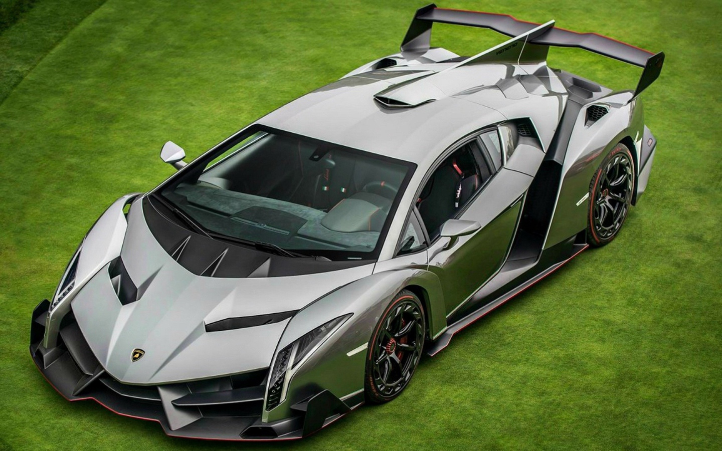 Серебристый спорткар Lamborghini Veneno на зеленом газоне 