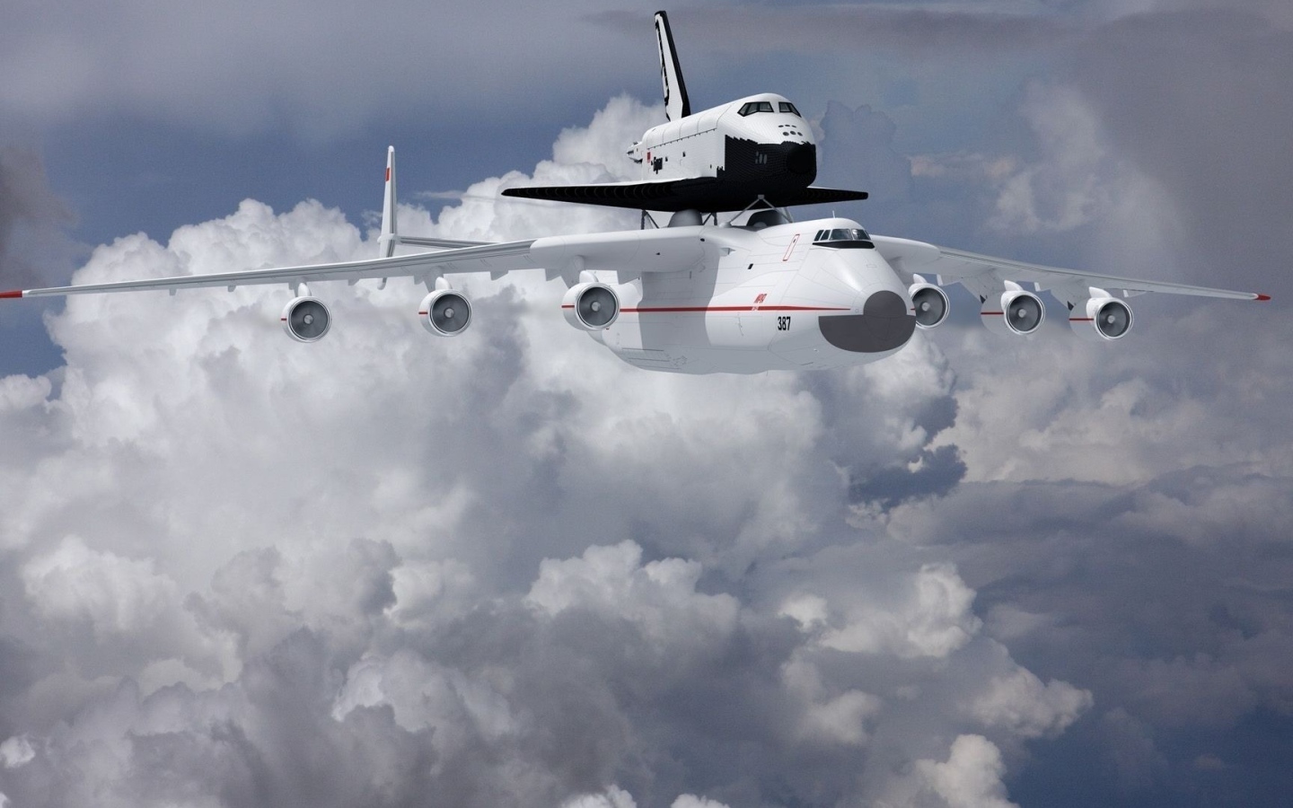 Самолет Ан- 225 Мрия  и ракета носитель «Буран» в на фоне белых облаков 