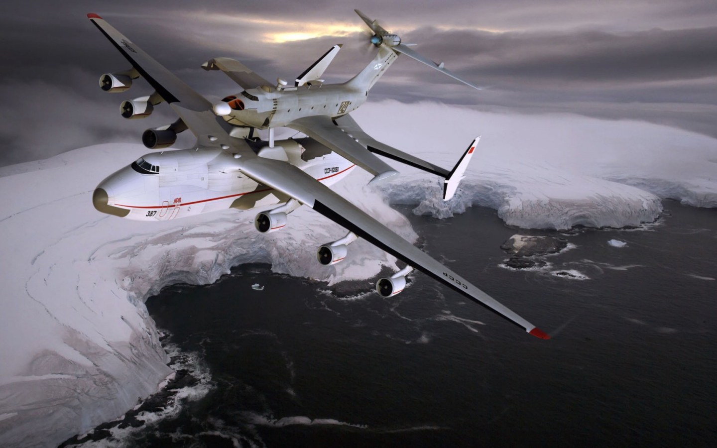 Полет транспортного самолета АН-225 Мрия над  Северным ледовитым океаном